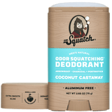 Dr. Squatch Deodorant ┃Coconut Castaway┃ is shown with the cap off, featuring its blue label and toasted coconut scent.