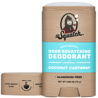 Dr. Squatch Deodorant ┃Coconut Castaway┃ is shown with the cap off, featuring its blue label and toasted coconut scent.