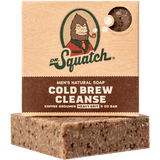 A bar of Dr.Squatch Bar Soap┃Cold Brew Cleanse, featuring caffeine and coffee grounds, shown packaged and unwrapped.
