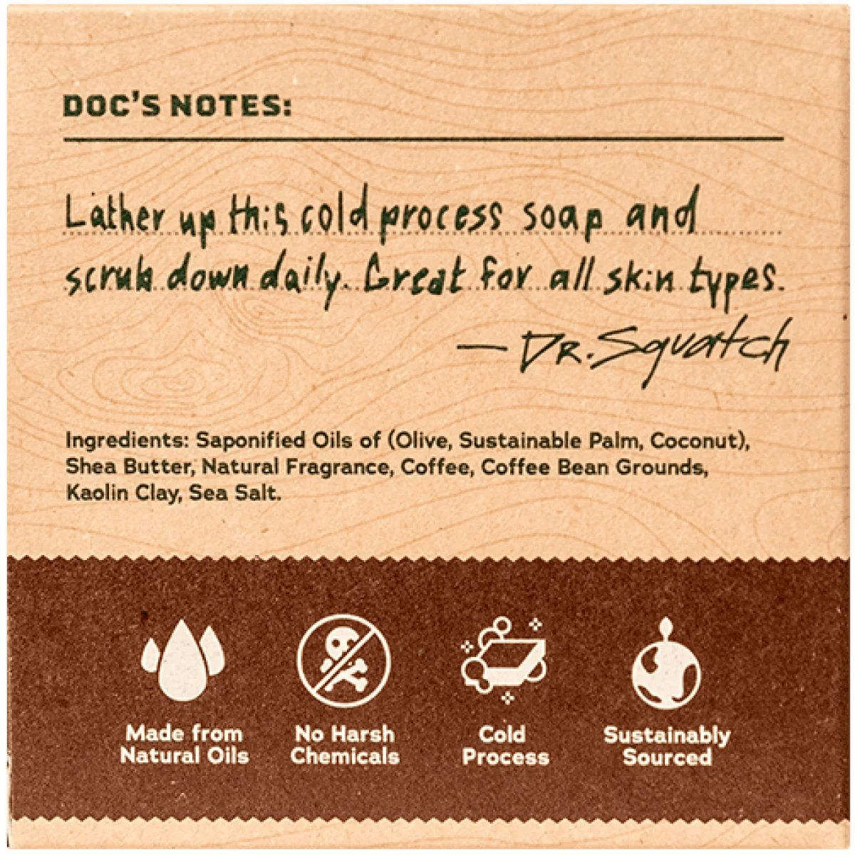Dr. Squatch Bar Soap┃Cold Brew Cleanse features brown packaging with usage instructions, a list of natural ingredients, and icons showing it's cold processed, chemical-free, sustainably sourced, and made from natural oils.