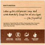 Bar Soap┃Cold Brew Cleanse by Dr.Squatch features brown packaging with handwritten-style daily use instructions, ingredient list, and icons for a robust bar, natural oils, no harsh chemicals, cold process, and sustainable sourcing.