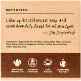 Dr. Squatch Bar Soap┃Cold Brew Cleanse features brown packaging with usage instructions, a list of natural ingredients, and icons showing it's cold processed, chemical-free, sustainably sourced, and made from natural oils.