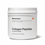 A white container labeled "Collagen | Momentous" dietary supplement by momentous, 1.12 lb (507g), designed to support joint health and muscle recovery.