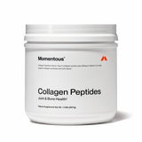 A white container labeled "Collagen | Momentous" by momentous supports joint health and bone strength, net weight 1.12 lb (507 g).