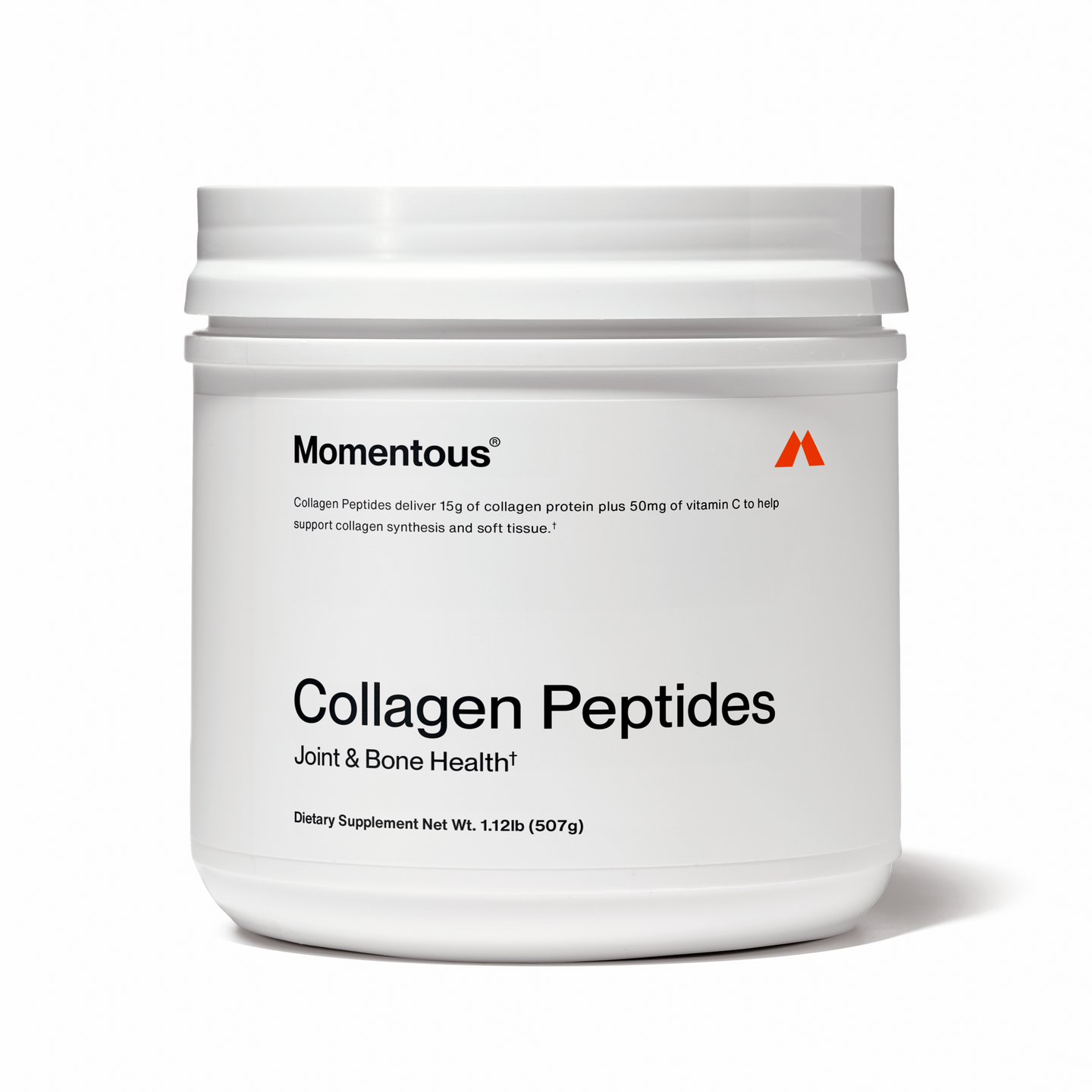 A white container labeled "Collagen | Momentous" by momentous supports joint health and bone strength, net weight 1.12 lb (507 g).