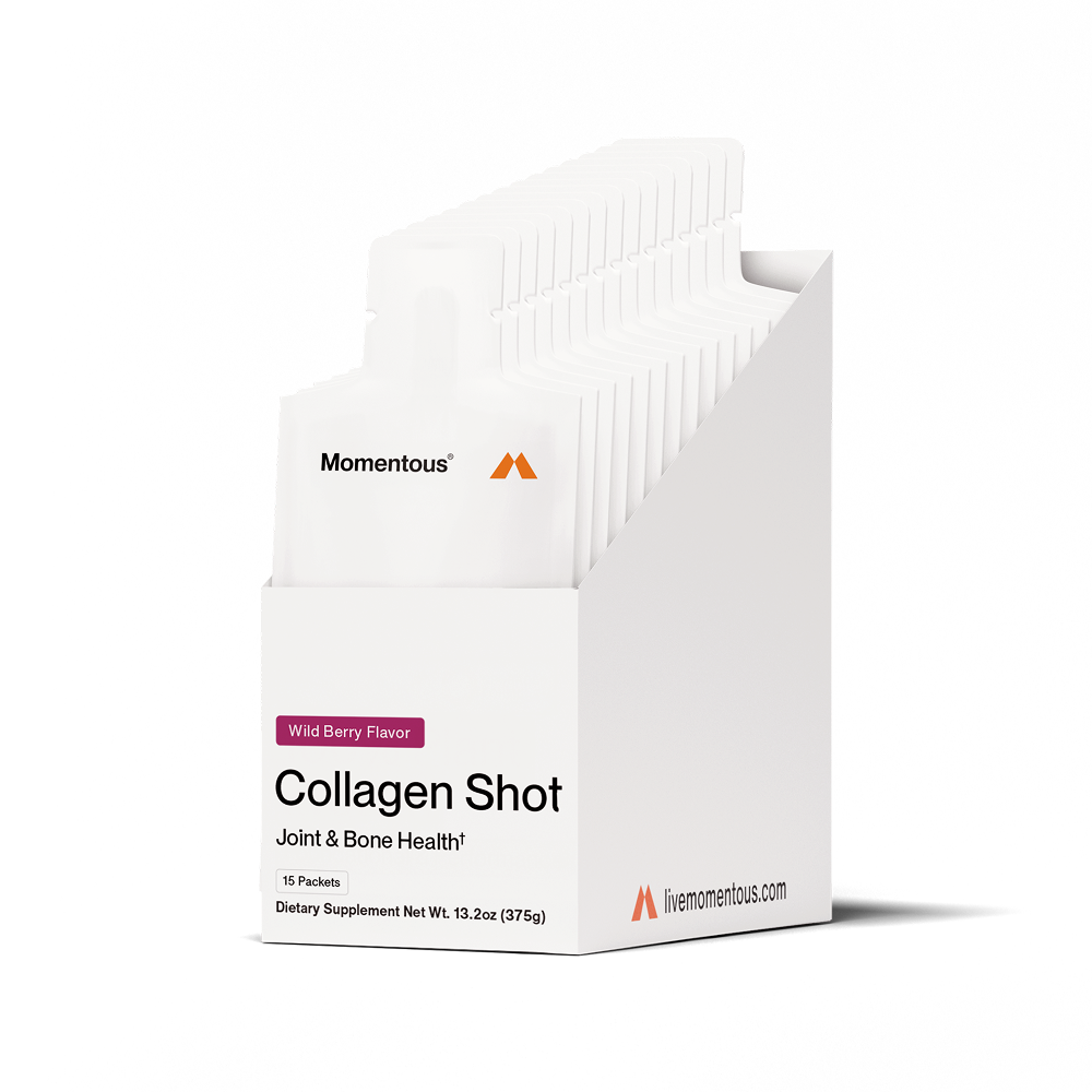 A white box of 15 packets of momentous Collagen | Momentous Wild Berry Flavor, labeled for joint and bone health and muscle recovery with premium collagen peptides.