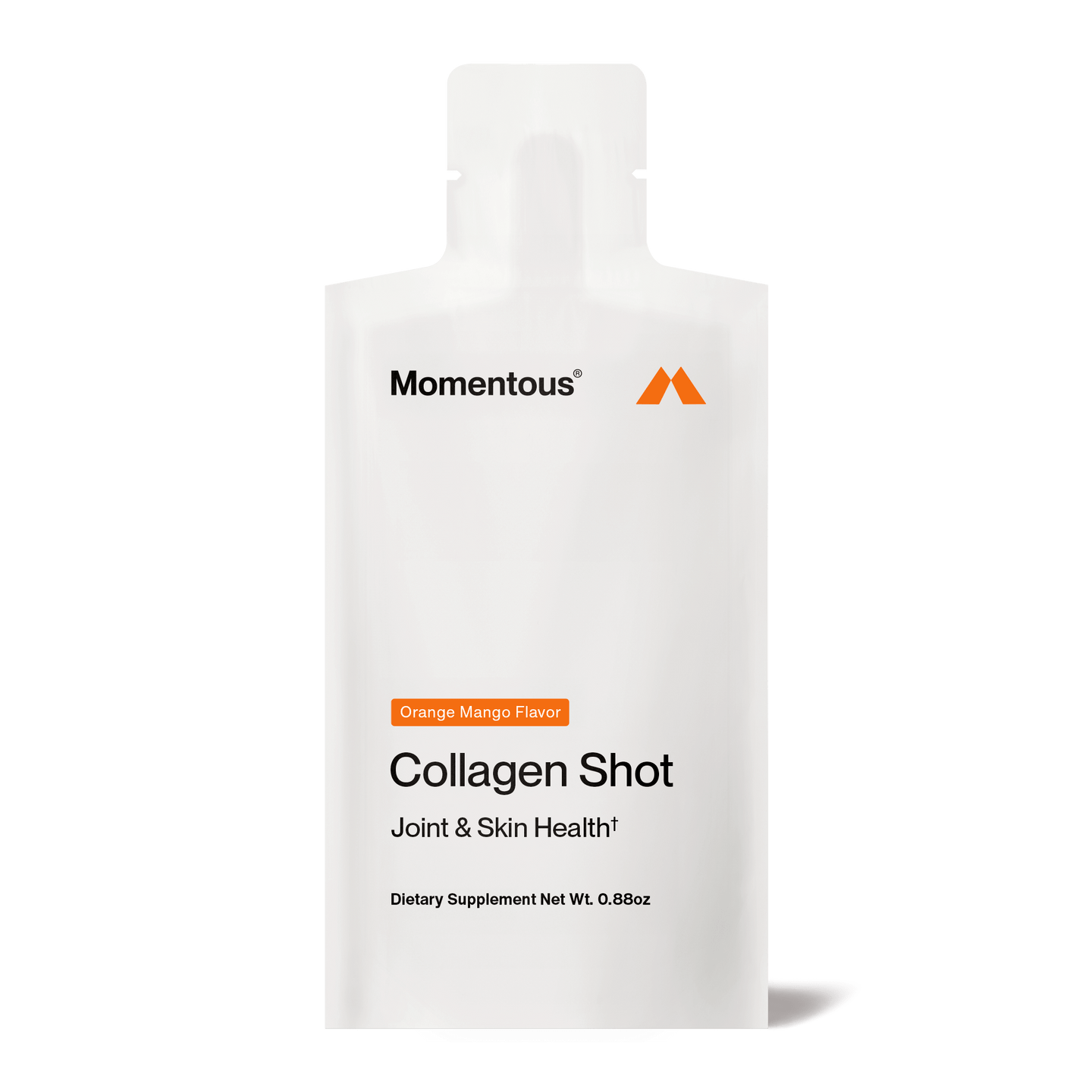 A white sachet labeled "Collagen Shot | Momentous" in orange mango flavor contains hydrolyzed bovine collagen to support joints and skin health; net weight is 0.88 oz. Brand: momentous.