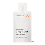A white single-serve pouch of momentous Collagen | Momentous, orange mango flavor, with collagen peptides for joint and skin support; net weight 0.88 oz.