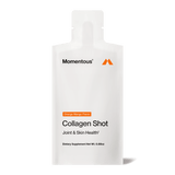 A white sachet labeled "Collagen Shot | Momentous" in orange mango flavor contains hydrolyzed bovine collagen to support joints and skin health; net weight is 0.88 oz. Brand: momentous.