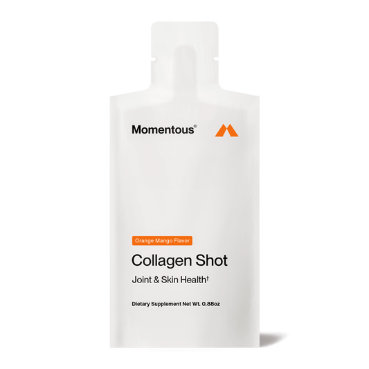A white sachet labeled "Collagen Shot | Momentous" in orange mango flavor contains hydrolyzed bovine collagen to support joints and skin health; net weight is 0.88 oz. Brand: momentous.