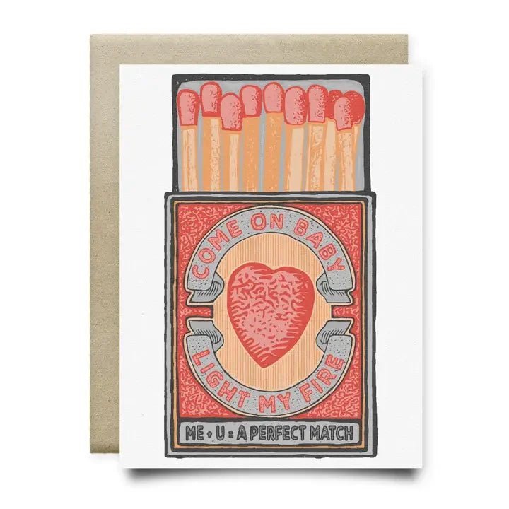 Anvil Cards’ “Come on baby light my fire” A2 greeting card features a hand-drawn matchbox with hearts and sweet phrases, printed on sustainable linen paper.