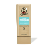 A tan plastic bottle of Dr. Squatch Conditioner | Coconut Castaway with avocado oil, blue label, and upright cap stands against a plain white background.