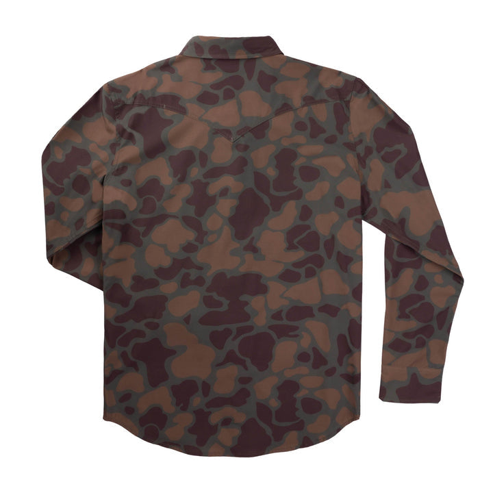 The Confluence Long Sleeve Tech Shirt by Sendero Provisions Co. features a brown and dark green camouflage pattern, shown from the back.