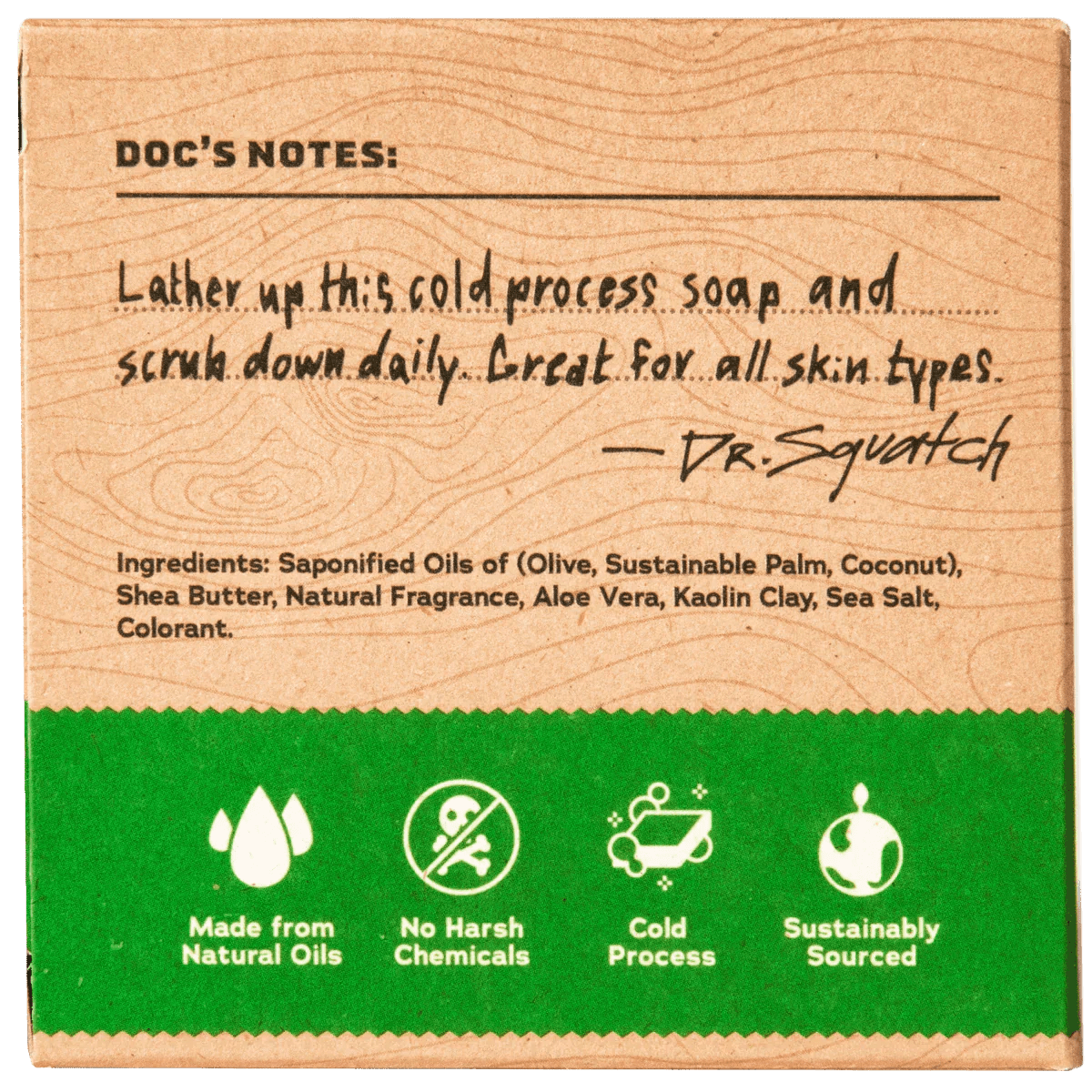 The back of a Dr. Squatch Bar Soap┃Cool Fresh Aloe package features usage instructions, an ingredient list, and icons for gentle cleansing, natural oils, no harsh chemicals, cold process method, and sustainable sourcing.