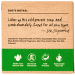 The Dr. Squatch Bar Soap┃Cool Fresh Aloe features a brown and green package with usage instructions, ingredients, and icons for natural oils, no harsh chemicals, cold process, sustainable sourcing, and its gentle moisturizing as a natural cleanser.
