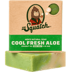 A bar of Dr.Squatch Cool Fresh Aloe Bar Soap, a men's moisturizing soap with aloe and coconut oil, in green and beige packaging featuring a cartoon Sasquatch.