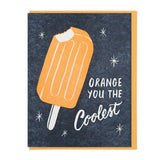 The "Coolest Creamsicle" card by Lucky Horse Press features an orange popsicle with a bite out and the phrase "Orange you the coolest" on a starry background, printed on recycled cover card with a blank inside.
