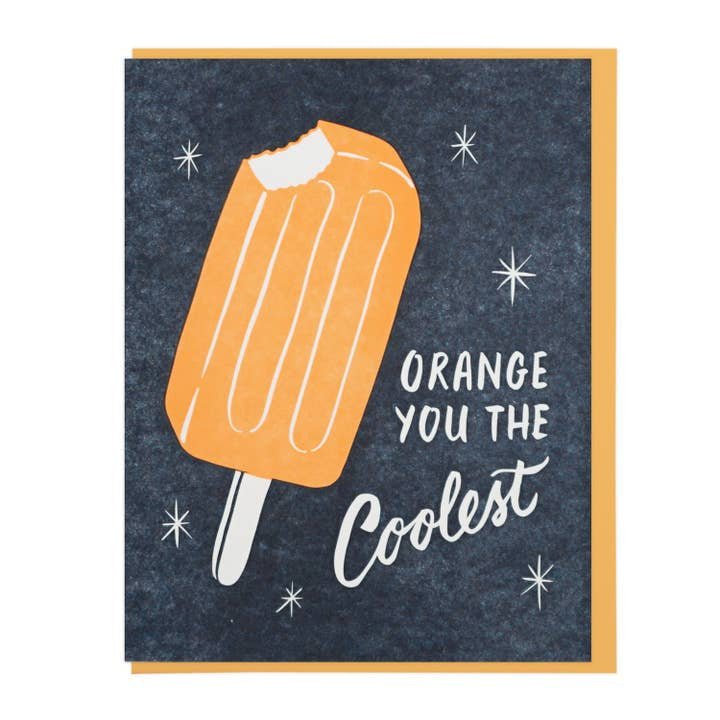 The "Coolest Creamsicle" card by Lucky Horse Press features an orange popsicle with a bite out and the phrase "Orange you the coolest" on a starry background, printed on recycled cover card with a blank inside.