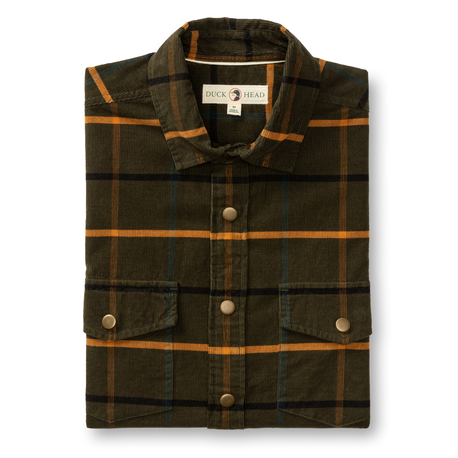 The Duck Head Corduroy Plaid Snap Shirt features green cotton corduroy with an orange and black plaid pattern, metal snap buttons, two front pockets, and classic workwear style.