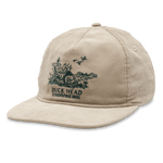 The Duck Head Corduroy Unstructured 5-Panel Hat is a tan cotton corduroy cap with an embroidered outdoor scene and "Duck Head Established 1865" on the front, plus an adjustable buckle for comfort.