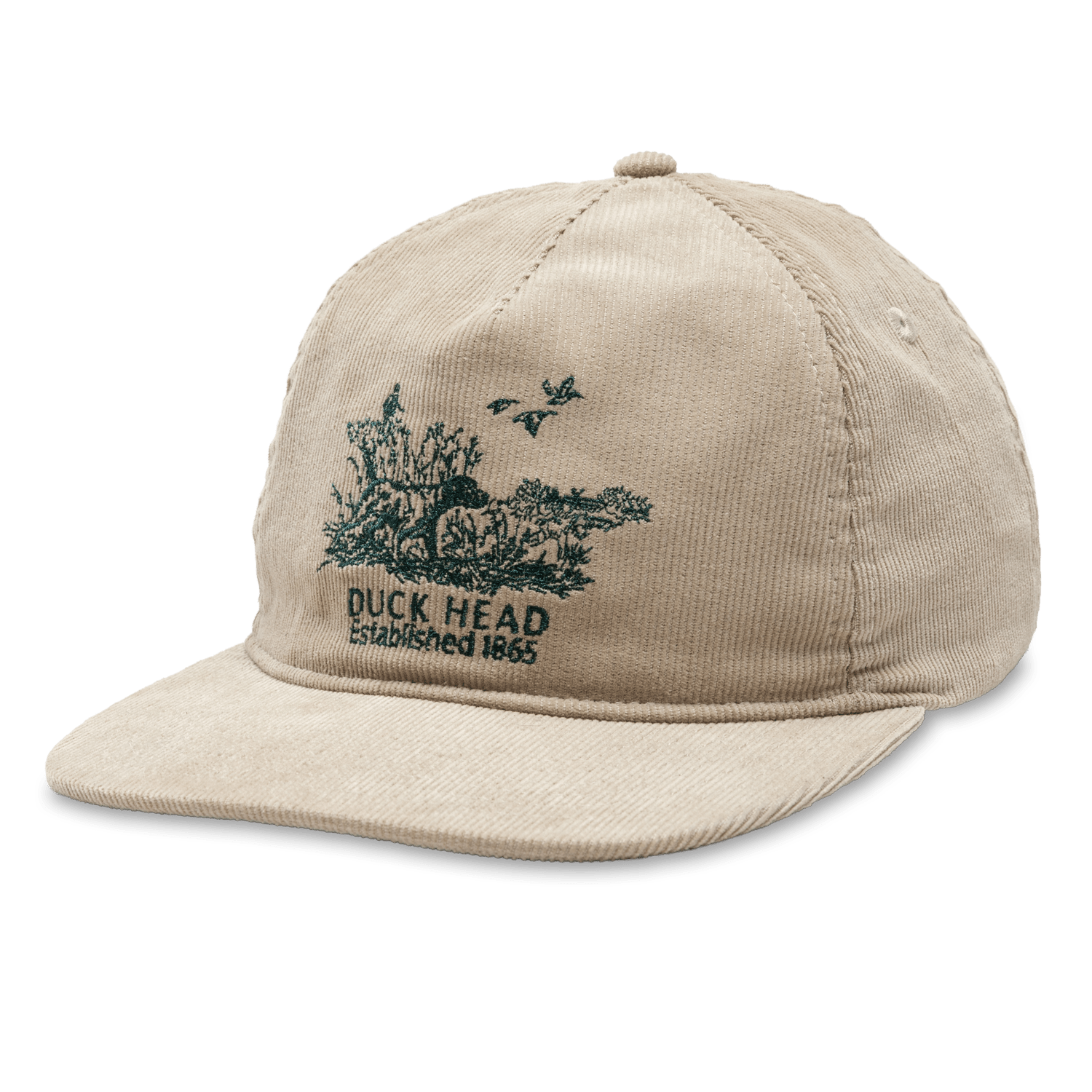 The Duck Head Corduroy Unstructured 5-Panel Hat is a tan cotton corduroy cap with an embroidered outdoor scene and "Duck Head Established 1865" on the front, plus an adjustable buckle for comfort.