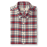 The Duck Head Cotton Flannel Sport Shirt features a red, navy, and white plaid design, front pocket, and brand label inside the collar.