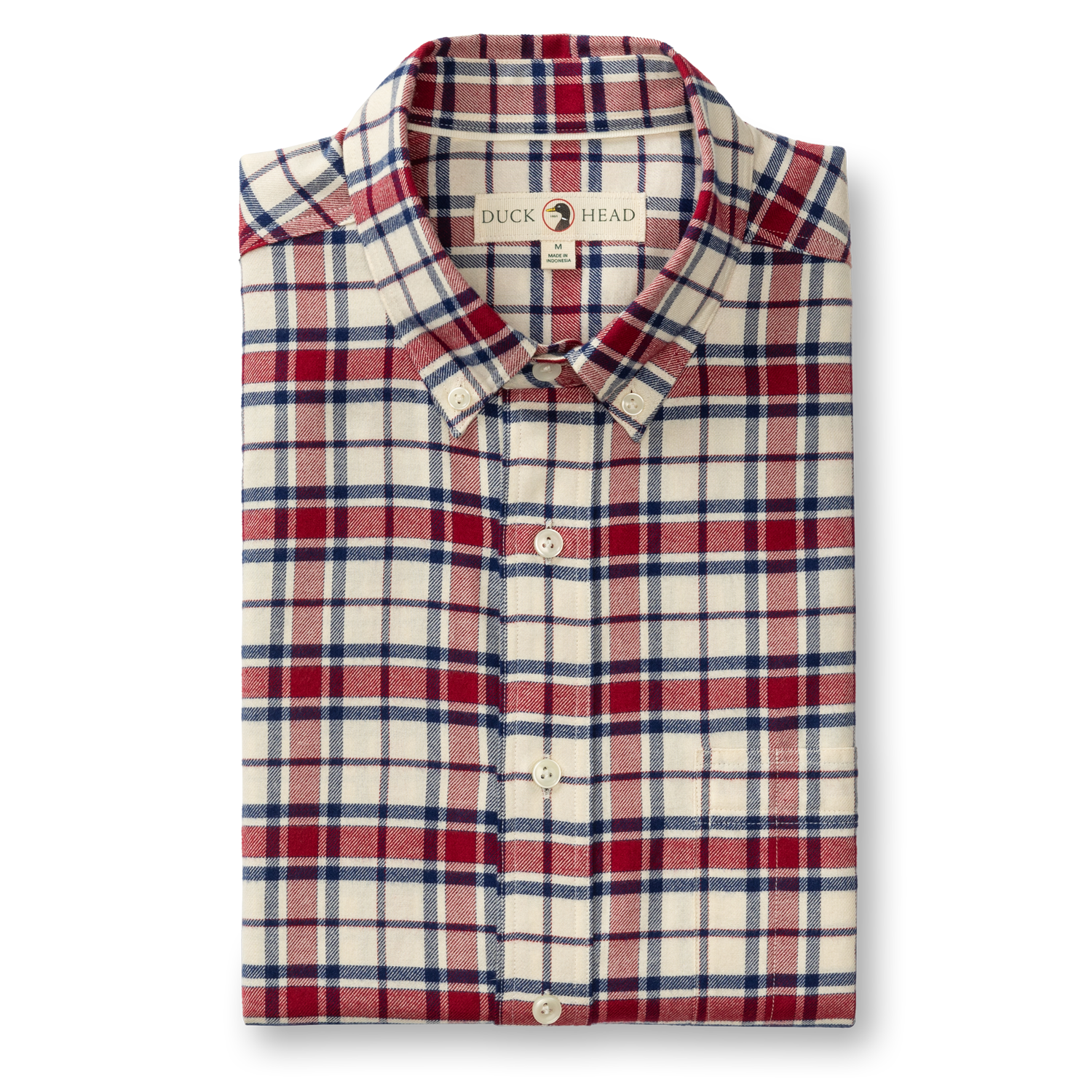 The Duck Head Cotton Flannel Sport Shirt features a classic red, blue, and white plaid, long sleeves, and a front pocket—making it the perfect go-to shirt for your next fall adventure.