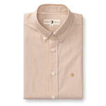 The Duck Head Cotton Oxford Sport Shirt Collins Stripe is a long-sleeve, orange and white striped button-down made from Oxford cloth, featuring a neat fold and small embroidered chest logo.