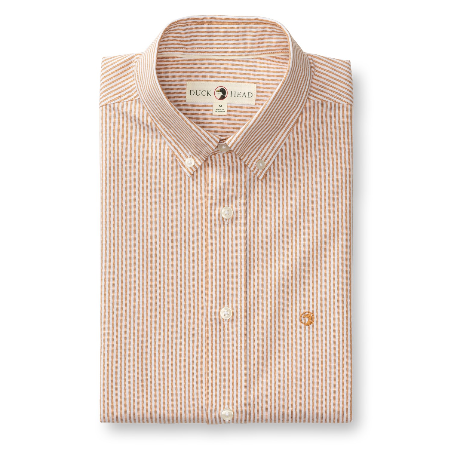 The Duck Head Cotton Oxford Sport Shirt Collins Stripe features orange and white vertical stripes, long sleeves, mechanical stretch, and an embroidered chest logo.