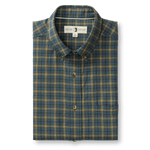 A folded Duck Head Cotton Wool Sport Shirt featuring a blue, yellow, and brown plaid pattern and an inside collar label.