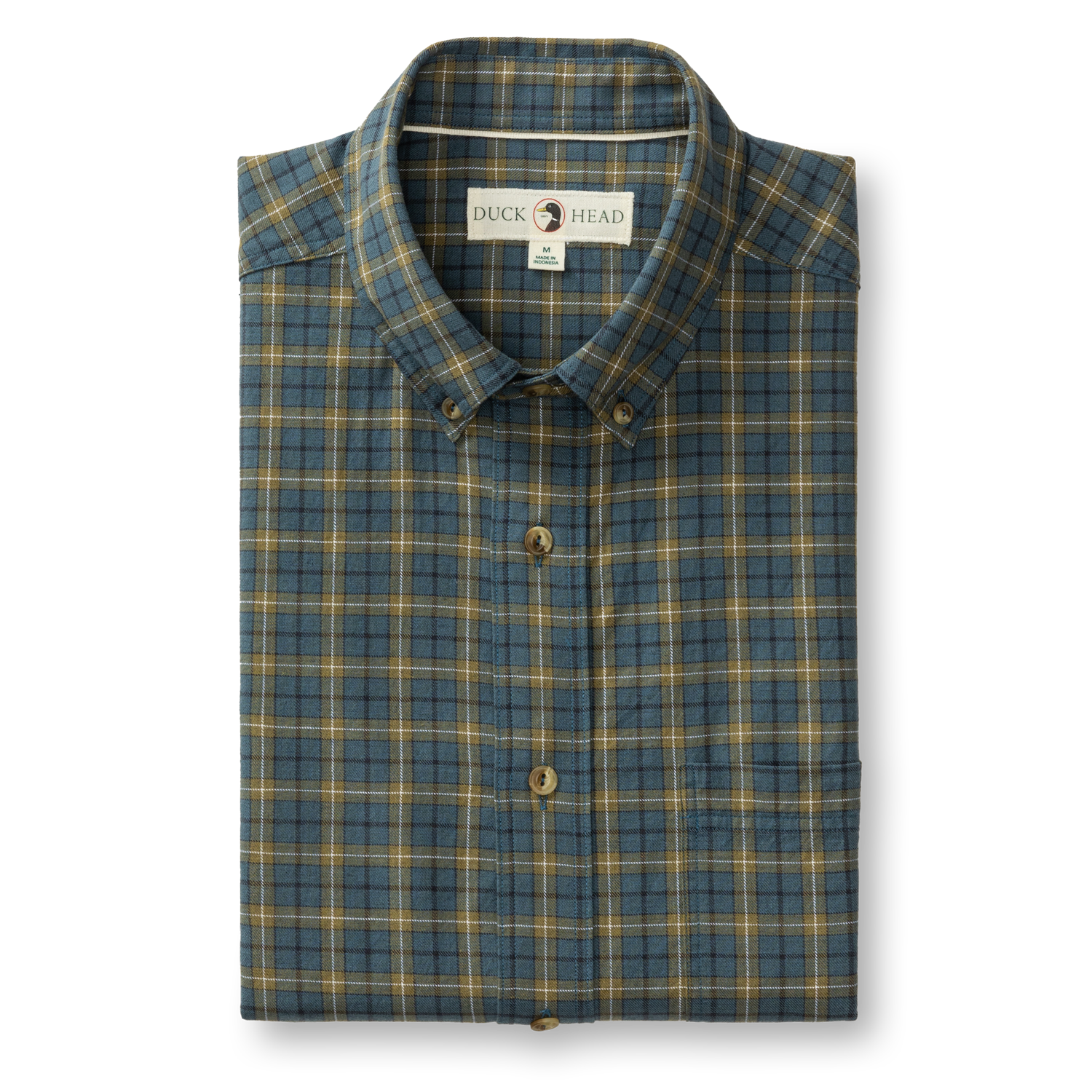 A Mercer Plaid Cotton Wool Sport Shirt by Duck Head, folded in Orion Blue and yellow, features a collar and visible brand label.