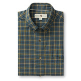 A Mercer Plaid Cotton Wool Sport Shirt by Duck Head, folded in Orion Blue and yellow, features a collar and visible brand label.