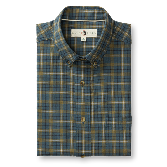 A Mercer Plaid Cotton Wool Sport Shirt by Duck Head, folded in Orion Blue and yellow, features a collar and visible brand label.