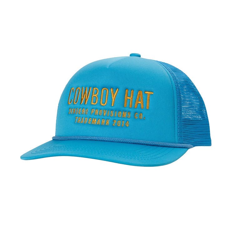 A blue mesh trucker hat from Sendero Provisions Co. features yellow embroidery reading "COWBOY HAT" and "Sendero Provisions Co. Trademark 2014," channeling classic western vibes for fans of the Cowboy Hat | Sendero Provisions Co.