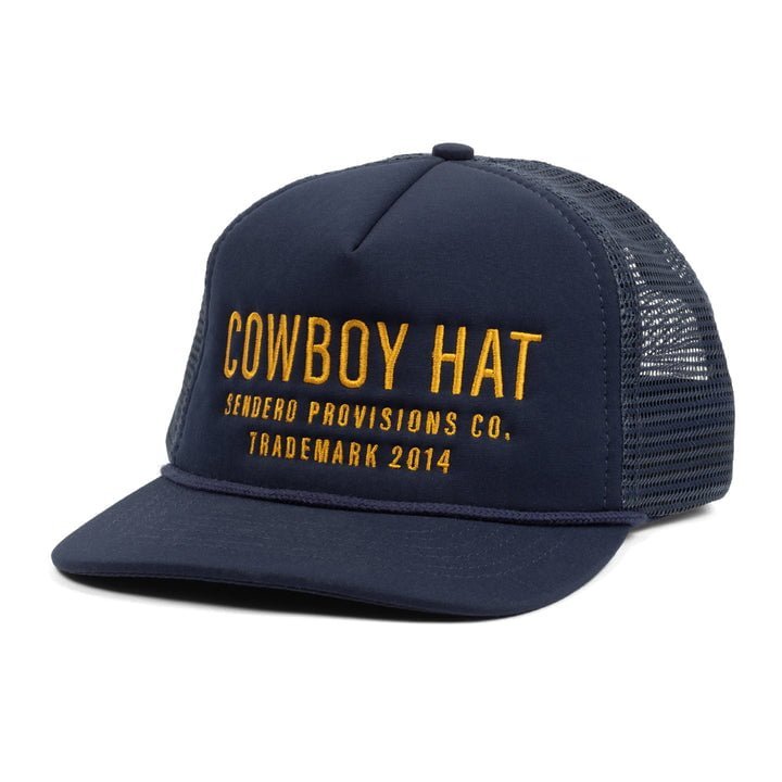 Navy blue mesh trucker cap by Sendero Provisions Co. featuring yellow embroidered "Cowboy Hat | Sendero Provisions Co." text on the front—a bold, breathable choice for your noggin.