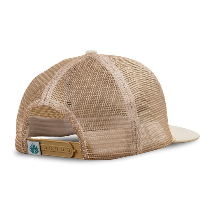 A beige mesh-back Cowboy Hat by Sendero Provisions Co., shown from the rear, with an adjustable strap and a green plant patch above the closure—bringing a touch of home on the range to your favorite hat.