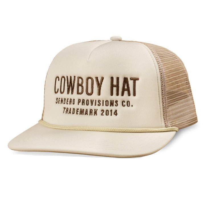 A beige and tan mesh trucker hat by Sendero Provisions Co., featuring "COWBOY HAT" and "Sendero Provisions Co. Trademark 2014" embroidered in brown on the front.
