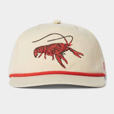 The Duck Camp Grandpa Hat is a cream snapback with a red embroidered crawfish on the front and red trim, perfect for celebrating crawfish season in style.