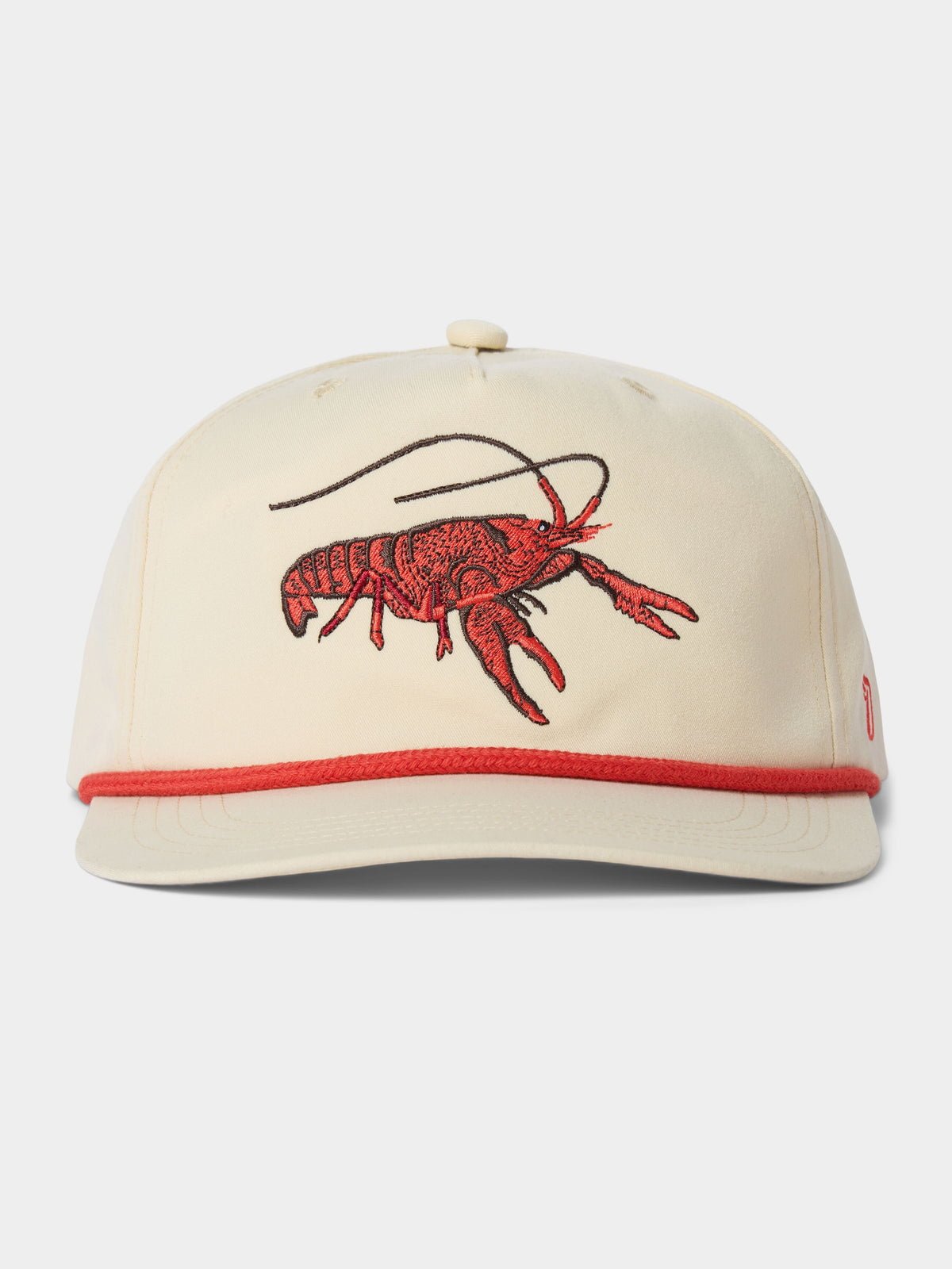 The Duck Camp Grandpa Hat is a cream snapback featuring a red embroidered crawfish and red trim, perfect for spring and crustacean fans.