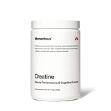 White container of momentous Creatine | Momentous supplement, labeled for muscle performance and cognitive function, with black and red text on a plain background.