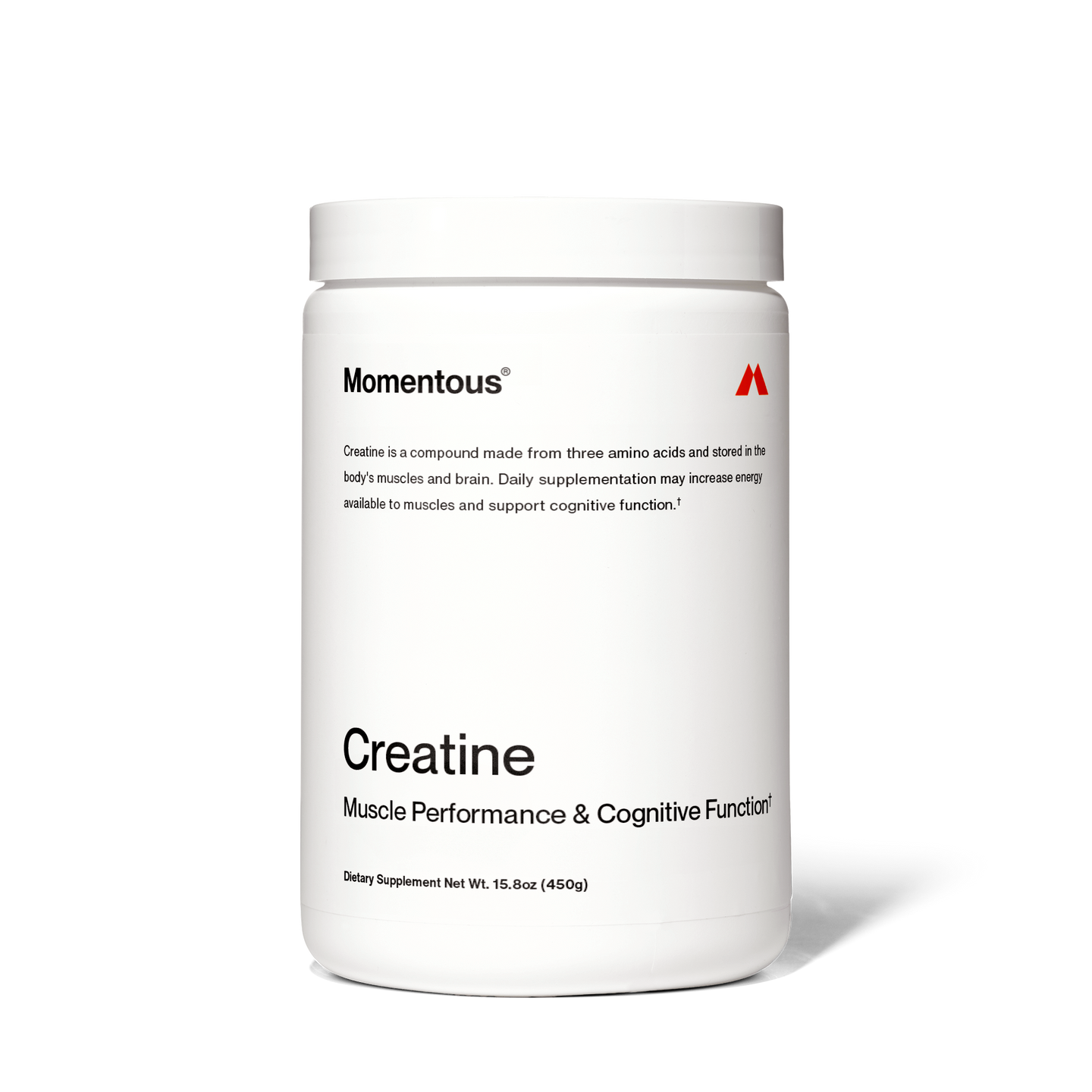 White container of momentous Creatine | Momentous supplement, labeled for muscle performance and cognitive function, with black and red text on a plain background.