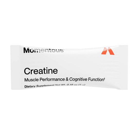 A white packet labeled "Creatine | Momentous" by momentous highlights benefits for muscle performance and cognitive function, along with dietary supplement details.