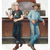 Two men—one in modern casual wear, the other in a cowboy hat and denim—stand with guns and serious expressions, evoking the dramatic style of "Curious Encounters" by Matt Tumlinson.