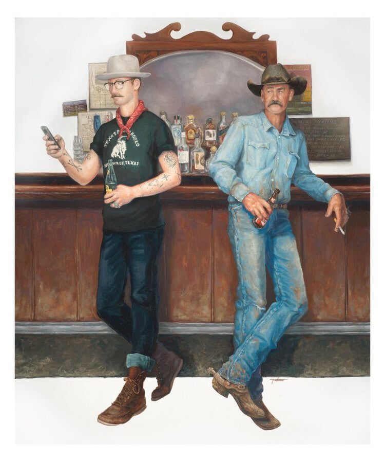Two men—one in modern casual wear, the other in a cowboy hat and denim—stand with guns and serious expressions, evoking the dramatic style of "Curious Encounters" by Matt Tumlinson.