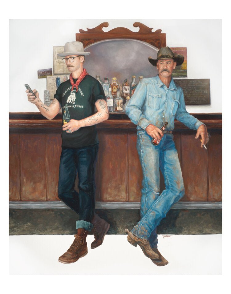 Two men—one in modern casual wear, the other in a cowboy hat and denim—stand with guns and serious expressions, evoking the dramatic style of "Curious Encounters" by Matt Tumlinson.