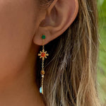 Bellevie Boho Gemstone Drop Earrings by Flanerie by MAIQ: 18K gold drop earring featuring a green stud and a tiered chain set with orange, brown, and blue boho gemstones.