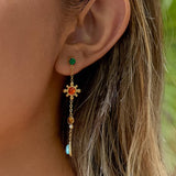 Bellevie Boho Gemstone Drop Earrings by Flanerie by MAIQ: 18K gold drop earring featuring a green stud and a tiered chain set with orange, brown, and blue boho gemstones.