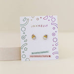 A pair of Cupcake Enamel Flat Back Kids Earrings by JaxKelly, displayed on a branded card labeled hypoallergenic and kid-friendly posts—perfect for sensitive ears.