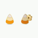 Introducing the Candy Corn Enamel Flat Back Earrings by JaxKelly—adorable hypoallergenic earrings shaped like candy corn, featuring white, yellow, and orange enamel sections. Crafted from surgical grade stainless steel, these earrings are perfect for sensitive ears and are showcased on a plain white background.