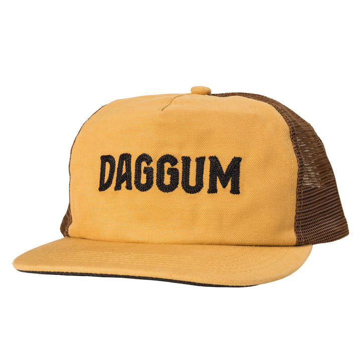 The Daggum Hat by Sendero Provisions Co. is a yellow and brown mesh trucker hat with "DAGGUM" embroidered in black on the front—a classic wear-anywhere style.